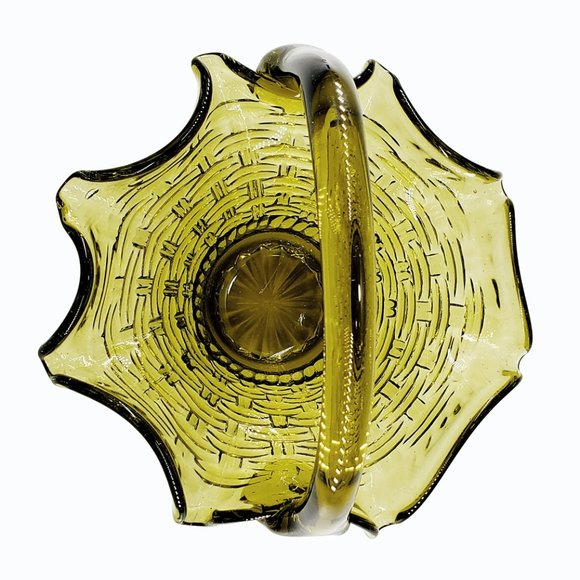 VTG Fenton Glass Colonial Green Basketweave Basket Applied Handle Ruffle Rim - Picture 2 of 4